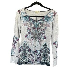 One World Grey Long Sleeve Top Blue Purple Paisley Studs Boho Casual size small